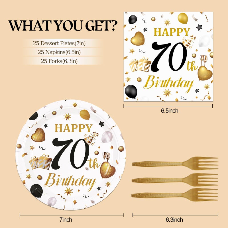 HFBOBP 75Pcs 70Th Birthday Plates And Napkins Party Decorations  7 Inch White And Gold Happy Birthday Paper Plates And Napkins Disposable Tableware Set 70 Year Old Birthday'S Party Decor For Women Men - Image 3