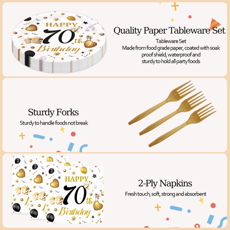 HFBOBP 75Pcs 70Th Birthday Plates And Napkins Party Decorations  7 Inch White And Gold Happy Birthday Paper Plates And Napkins Disposable Tableware Set 70 Year Old Birthday'S Party Decor For Women Men - Image 4