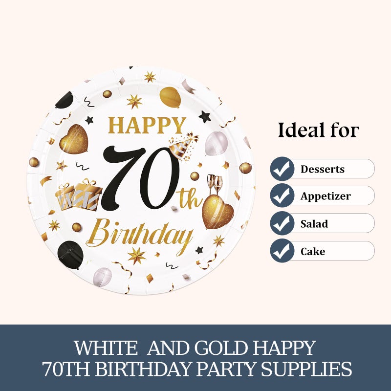 HFBOBP 75Pcs 70Th Birthday Plates And Napkins Party Decorations  7 Inch White And Gold Happy Birthday Paper Plates And Napkins Disposable Tableware Set 70 Year Old Birthday'S Party Decor For Women Men - Image 5