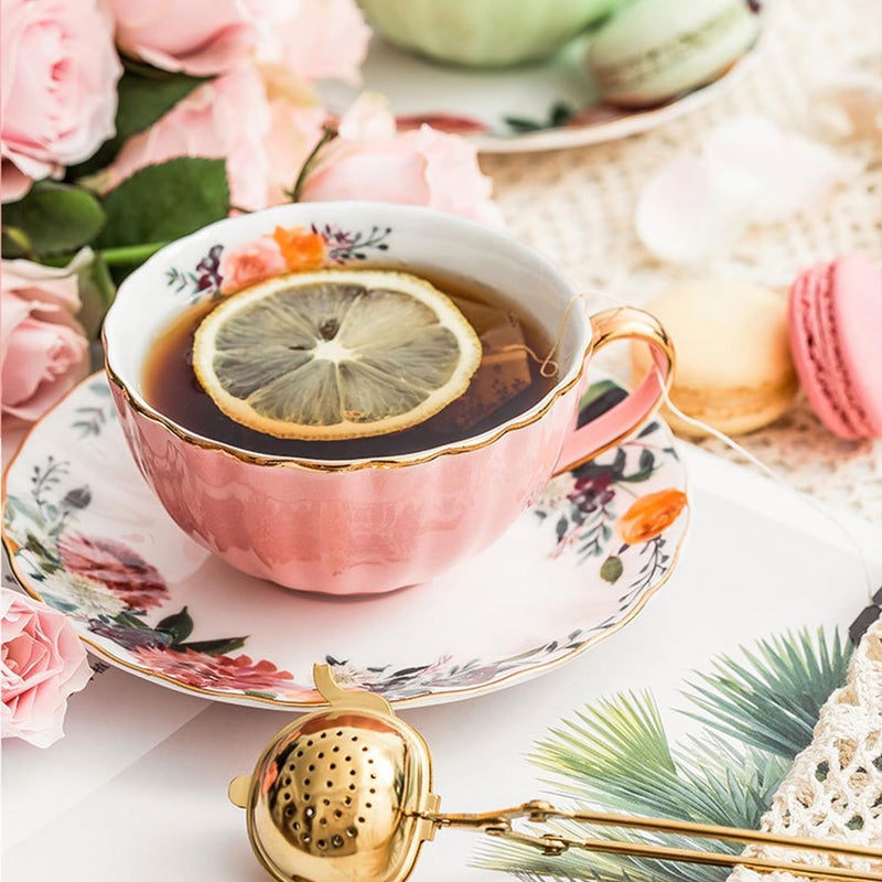 OneUstar Tea Cup and Saucer Set for 2 Bone China English Tea Cup Floral Teacups Coffee Latte Mugs for Mother's Day Women Birthday Party Gifts, 8 Oz - Image 4