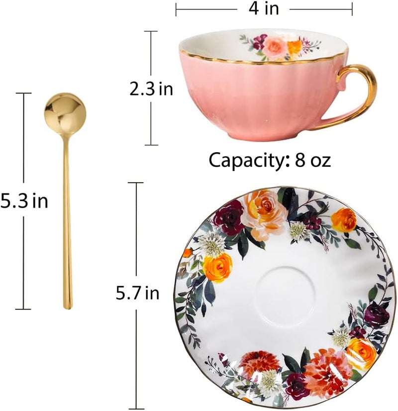 OneUstar Tea Cup and Saucer Set for 2 Bone China English Tea Cup Floral Teacups Coffee Latte Mugs for Mother's Day Women Birthday Party Gifts, 8 Oz - Image 5