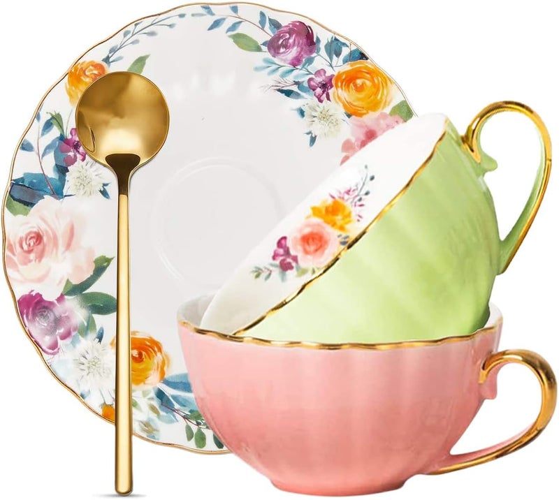 OneUstar Tea Cup and Saucer Set for 2 Bone China English Tea Cup Floral Teacups Coffee Latte Mugs for Mother's Day Women Birthday Party Gifts, 8 Oz - Image 1