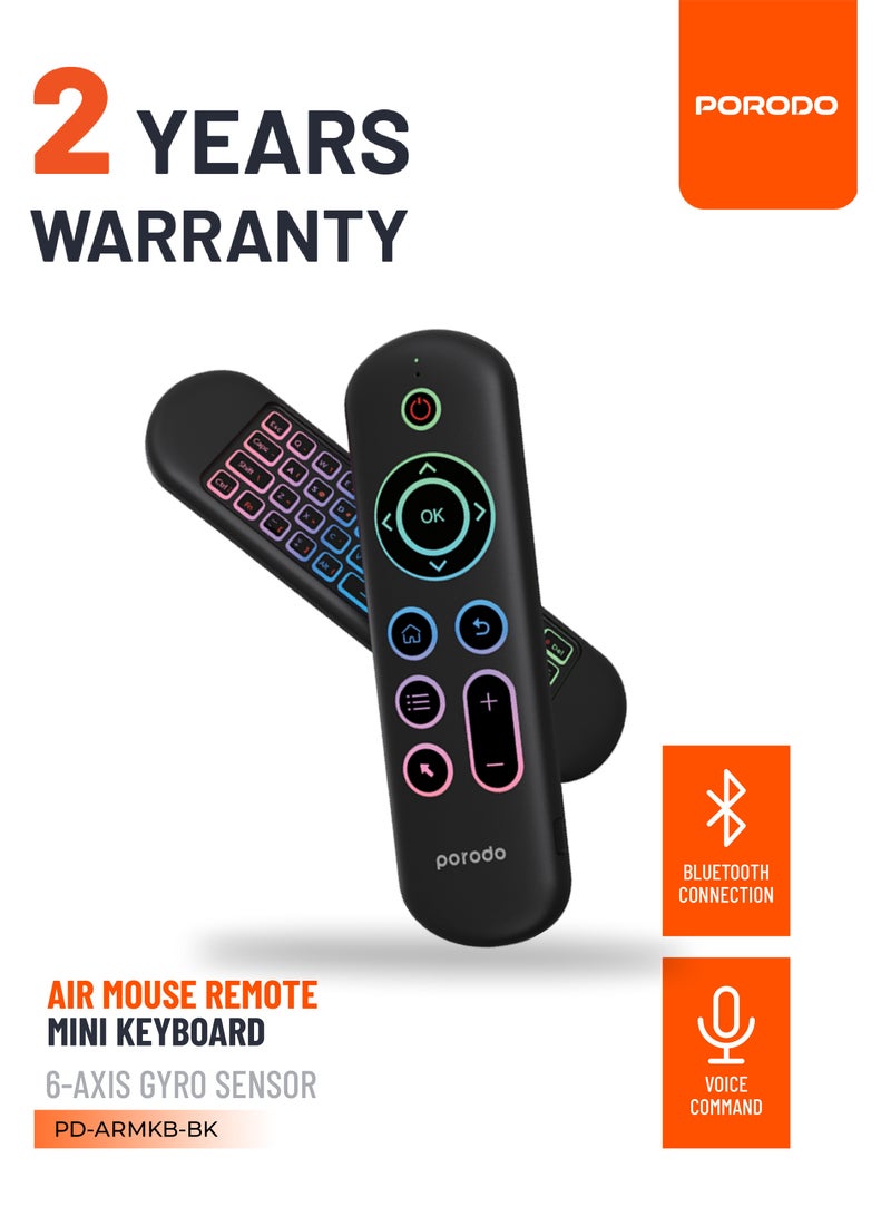 بورودو ماوس هوائي ولوحة مفاتيح صغيرة مع مستشعر جيروسكوب بستة محاور / تخطيطات باللغتين العربية والإنجليزية / 58 مفتاحًا كاملًا بلوحة مفاتيح كويرتي / 3 مستويات قابلة للتعديل لحركة مؤشر الماوس / سعة بطارية 250 مللي أمبير في الساعة - أسود - Image 1