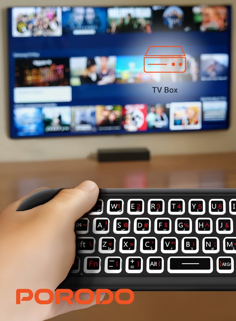 بورودو ماوس هوائي ولوحة مفاتيح صغيرة مع مستشعر جيروسكوب بستة محاور / تخطيطات باللغتين العربية والإنجليزية / 58 مفتاحًا كاملًا بلوحة مفاتيح كويرتي / 3 مستويات قابلة للتعديل لحركة مؤشر الماوس / سعة بطارية 250 مللي أمبير في الساعة - أسود - Image 2