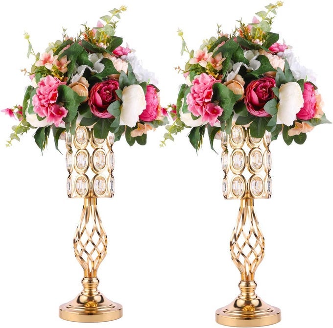 2PCS GOLD FLOWER TRUMPET VASES FOR WEDDING CENTERPIECES FOR TABLES 20IN METAL DIAMOND CRYSTAL FLOWER STAND FOR WEDDING DECORATIONS FOR RECEPTION PARTY DINING ROOM LIVING ROOM DECOR