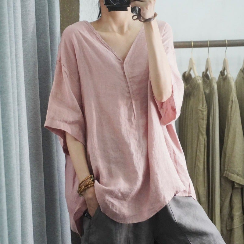 Southeast Asia New V-Neck Half-Sleeve Casual Plus Size Women'S Retro Shirt Loose Solid Color Cotton And Linen Top