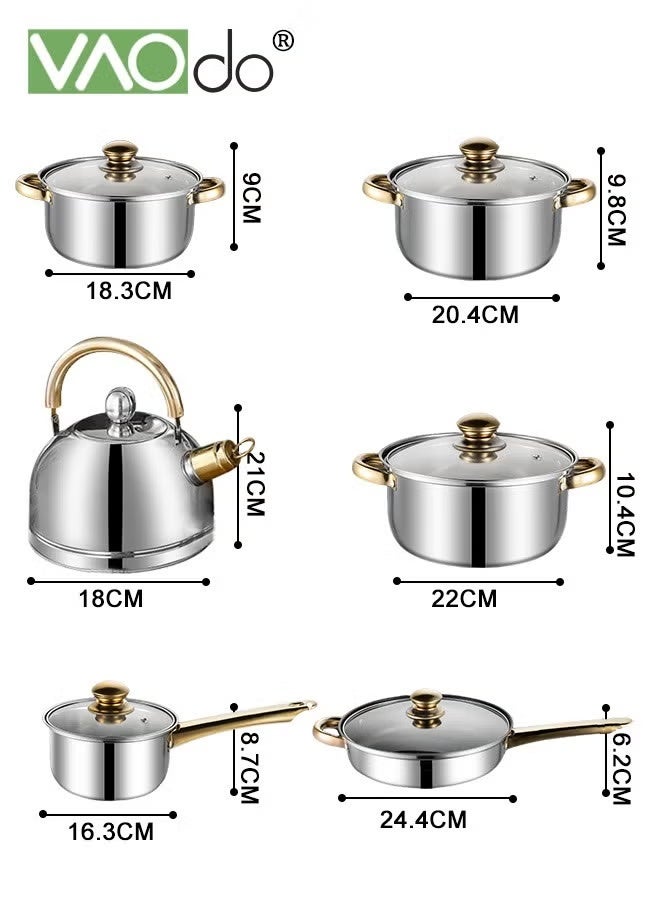 فاو دو مجموعة أواني طهي من الفولاذ المقاوم للصدأ، مجموعة أواني ومقالي، مناسبة للمواقد الكهربائية والغازية، أواني طهي مطبخية بمقابض لا تسخن - Image 3