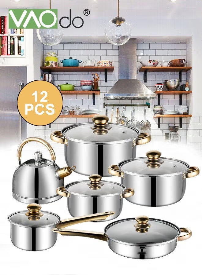فاو دو مجموعة أواني طهي من الفولاذ المقاوم للصدأ، مجموعة أواني ومقالي، مناسبة للمواقد الكهربائية والغازية، أواني طهي مطبخية بمقابض لا تسخن - Image 1