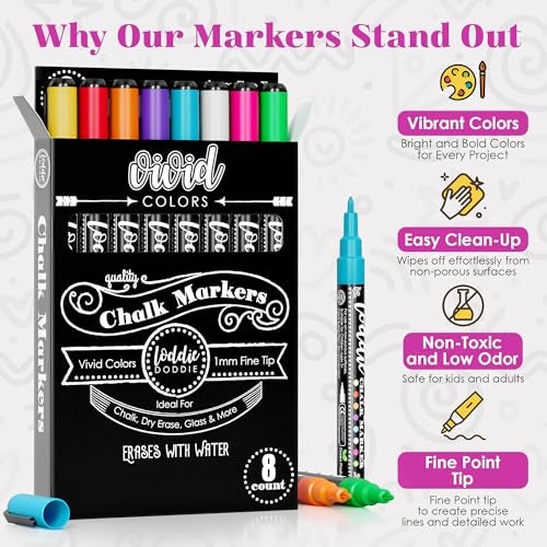 Loddie Doddie Fine Tip Liquid Chalk Markers - Pack of 8, 1mm - Precision Chalk Pens for Blackboard - Vibrant Neon Dry Erase Markers for Glass & Windows - Image 2
