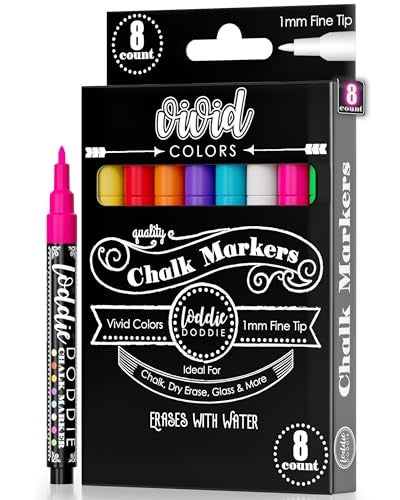 Loddie Doddie Fine Tip Liquid Chalk Markers - Pack of 8, 1mm - Precision Chalk Pens for Blackboard - Vibrant Neon Dry Erase Markers for Glass & Windows - Image 1