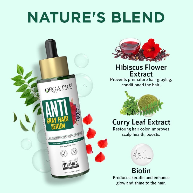 Orgatre AntiGray Hair Serum With Arcolys Melanogray Black Seed Oil Hibiscus Extract LightWeight NonSticky 50ml - Image 3