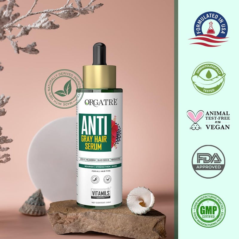 Orgatre AntiGray Hair Serum With Arcolys Melanogray Black Seed Oil Hibiscus Extract LightWeight NonSticky 50ml - Image 5