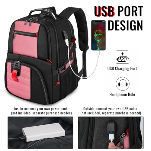 YOREPEK Travel Backpack, Extra Large 50L Laptop Backpacks for Men Women, Water Resistant College Backpack Airline Approved Business Work Bag with USB Charging Port Fits 17 Inch Computers, Pink - Image 3