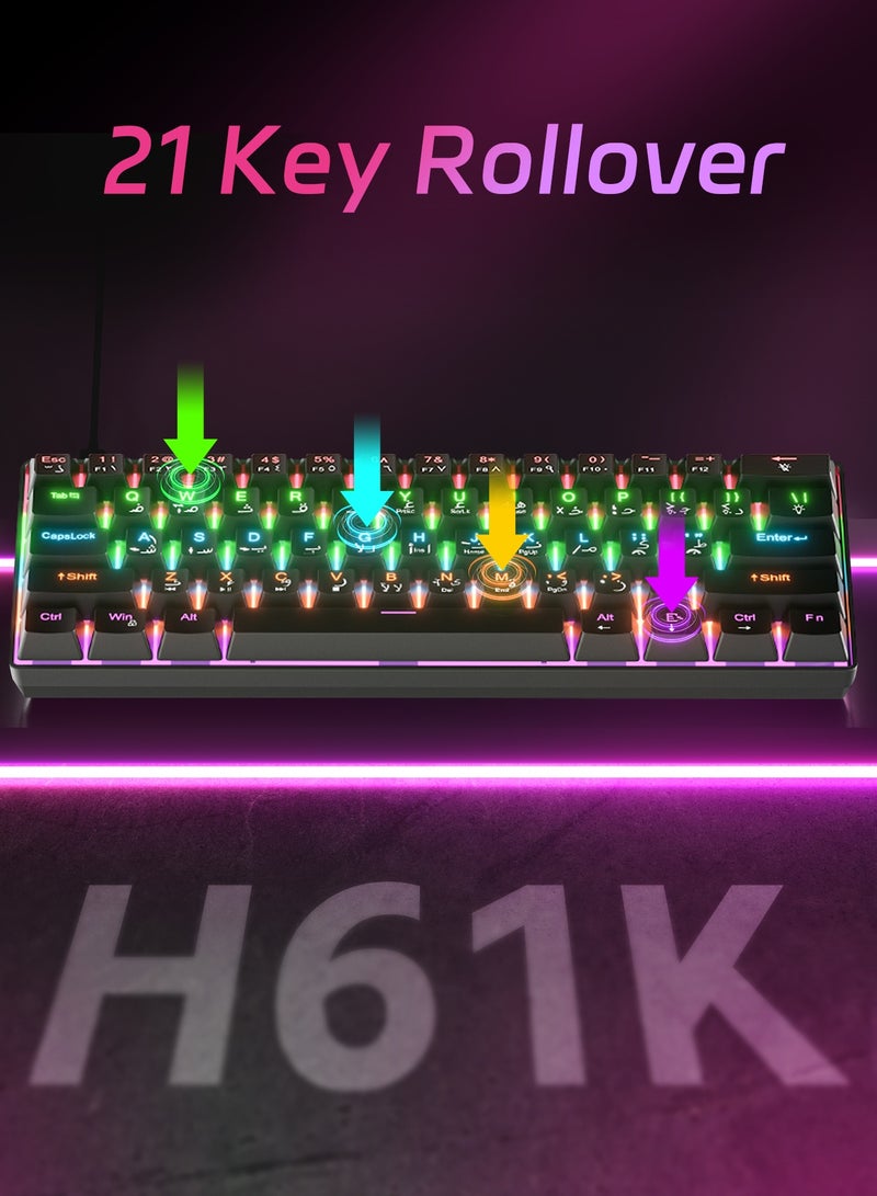 أوتشوانغ لوحة مفاتيح ميكانيكية مكونة من عربية 61 مفتاحًا، كيبورد سويتش أحمر هجينة خفيفة الوزن سلكية صغيرة الحجم لأجهزة الكمبيوتر الشخصية وأجهزة Mac ولوحة مفاتيح ألعاب إلكترونية محمولة - باللون الأسود - Image 3