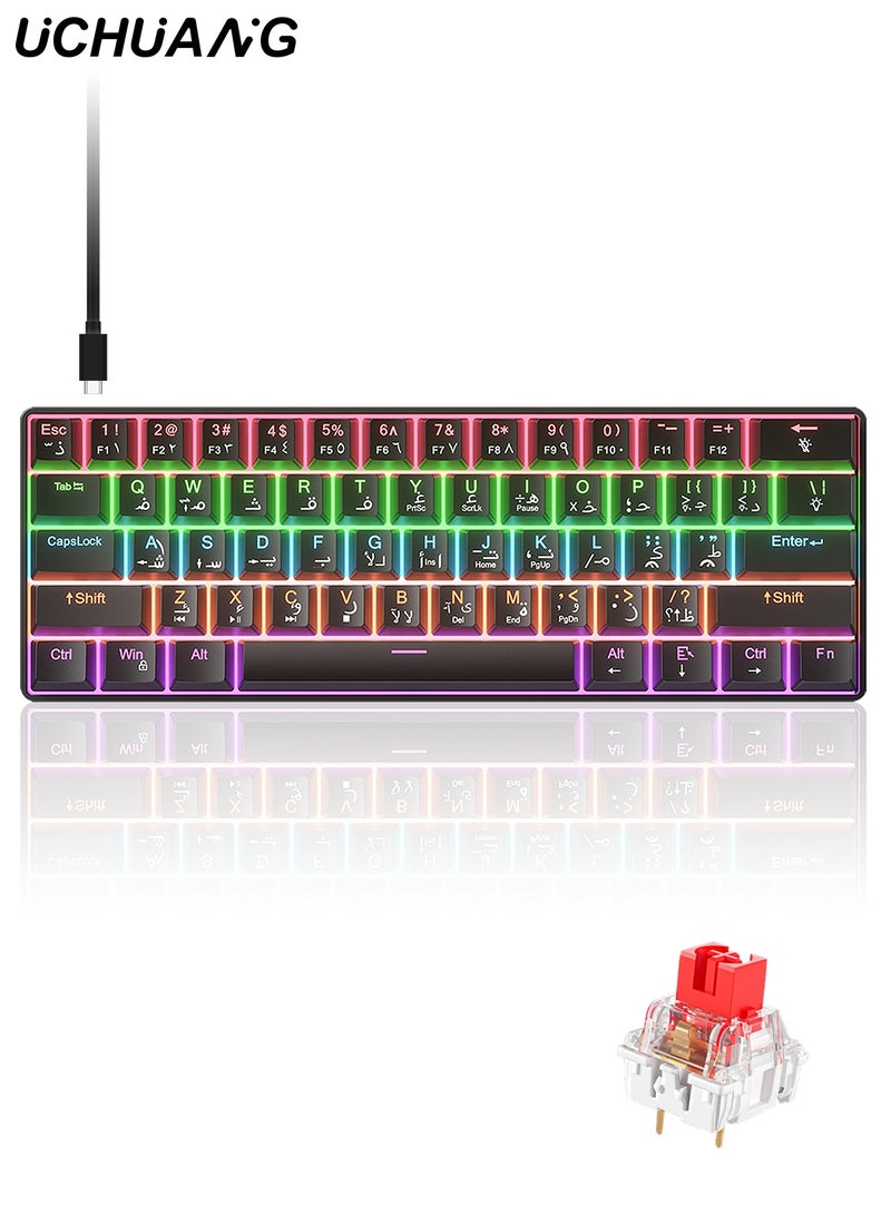 أوتشوانغ لوحة مفاتيح ميكانيكية مكونة من عربية 61 مفتاحًا، كيبورد سويتش أحمر هجينة خفيفة الوزن سلكية صغيرة الحجم لأجهزة الكمبيوتر الشخصية وأجهزة Mac ولوحة مفاتيح ألعاب إلكترونية محمولة - باللون الأسود - Image 1