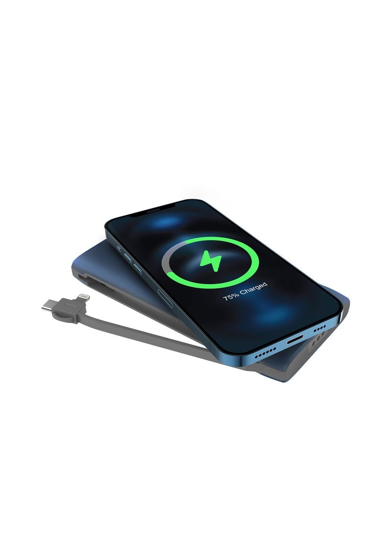 Powerology - 8in1 Station 10000mAh 20W PD QC Wireless Power Bank Built-in Cable With Lightning And Type-C UK 3Pin Power Plug Compatible For iPhone 14/14 Plus 14 Pro/14 Pro Max Samsung S21 S20 Note 20 10 etc, Blue - Image 1
