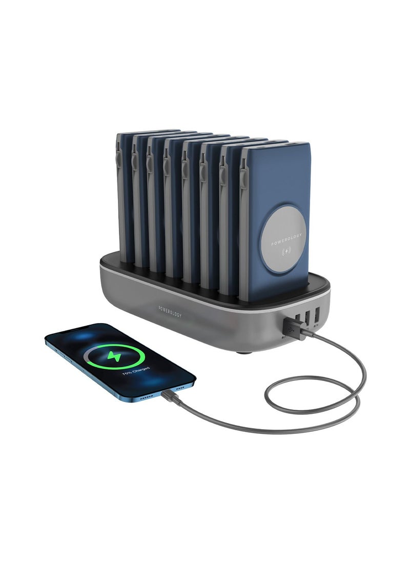 Powerology - 8in1 Station 10000mAh 20W PD QC Wireless Power Bank Built-in Cable With Lightning And Type-C UK 3Pin Power Plug Compatible For iPhone 14/14 Plus 14 Pro/14 Pro Max Samsung S21 S20 Note 20 10 etc, Blue - Image 1
