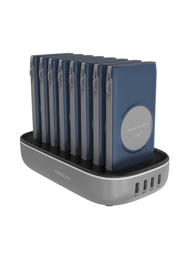 Powerology - 8in1 Station 10000mAh 20W PD QC Wireless Power Bank Built-in Cable With Lightning And Type-C UK 3Pin Power Plug Compatible For iPhone 14/14 Plus 14 Pro/14 Pro Max Samsung S21 S20 Note 20 10 etc, Blue - Image 1