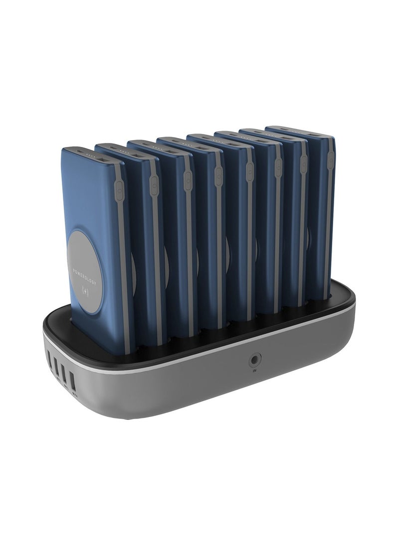 Powerology - 8in1 Station 10000mAh 20W PD QC Wireless Power Bank Built-in Cable With Lightning And Type-C UK 3Pin Power Plug Compatible For iPhone 14/14 Plus 14 Pro/14 Pro Max Samsung S21 S20 Note 20 10 etc, Blue - Image 1