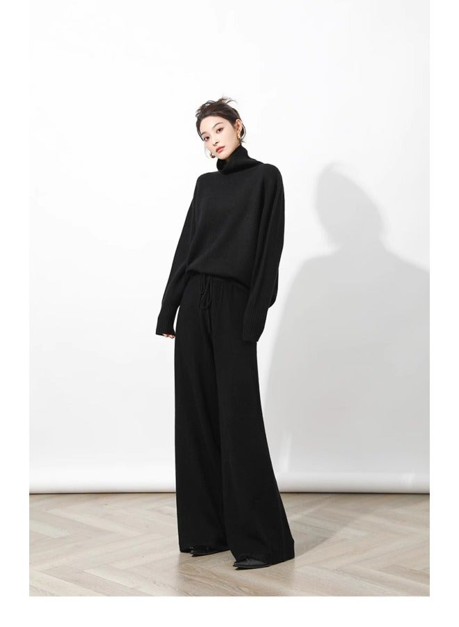 Fashion Casual All-wool Sweater Suit Spring Loose Lazy Style Turtleneck Inner Knitted Wide-leg Pants Two-piece Set
