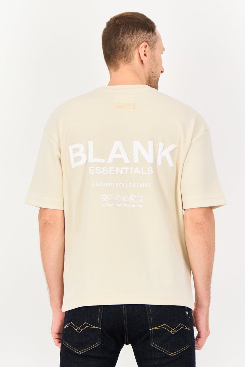 Blank Essentials Men Crew Neck Short Sleeve Brand Logo T-Shirt, Beige - Image 3