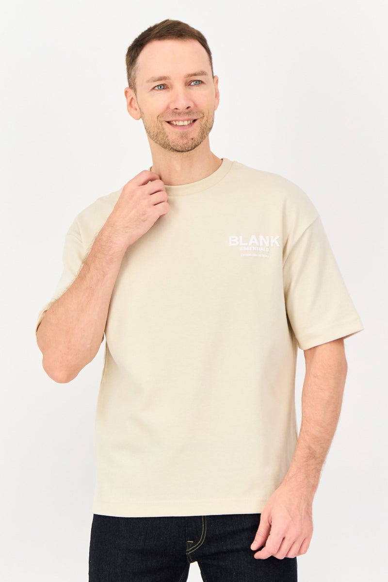 Blank Essentials Men Crew Neck Short Sleeve Brand Logo T-Shirt, Beige - Image 1
