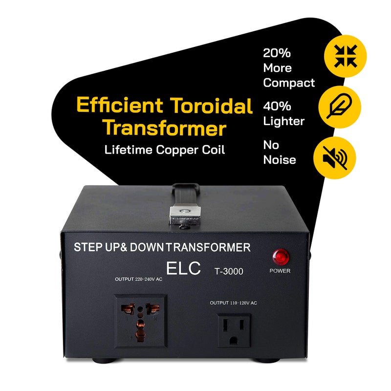 ELC T Series 3000+ Watt Voltage Converter Transformer - Step Up/Down - 110v to 220v / 220v to 110v Power Converter - Circuit Breaker Protection, CE Certified [3-Years Warranty] - Image 3