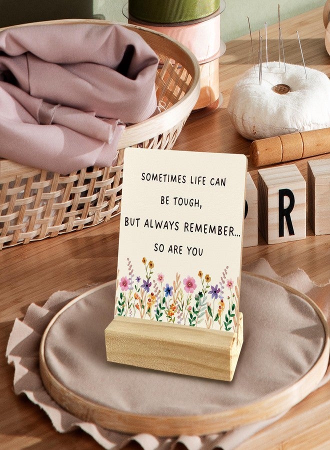QASHWEY Motivational Desk Decor, Inspirational Desk Decor Floral Wood Table Signs, Inspirational Gifts for Women Friends, Sometimes Life Can be Tough Wooden Plaque with Wooden Stand for Home Office - Image 3