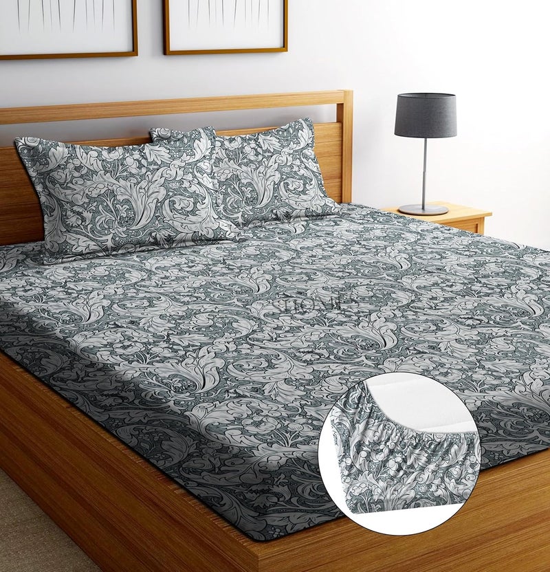 SHOMES Cotton Glace Cotton Elastic Fitted Bedsheet with 2 King Size Pillow Covers Double Bed with All Around Elastic Fits Upto 8 Inches Mattress Size 72 x 78 Inches Gray