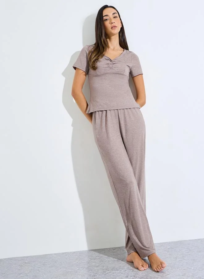 Styli Grey Ruched Button Placket Detail T-Shirt and Pyjama Set