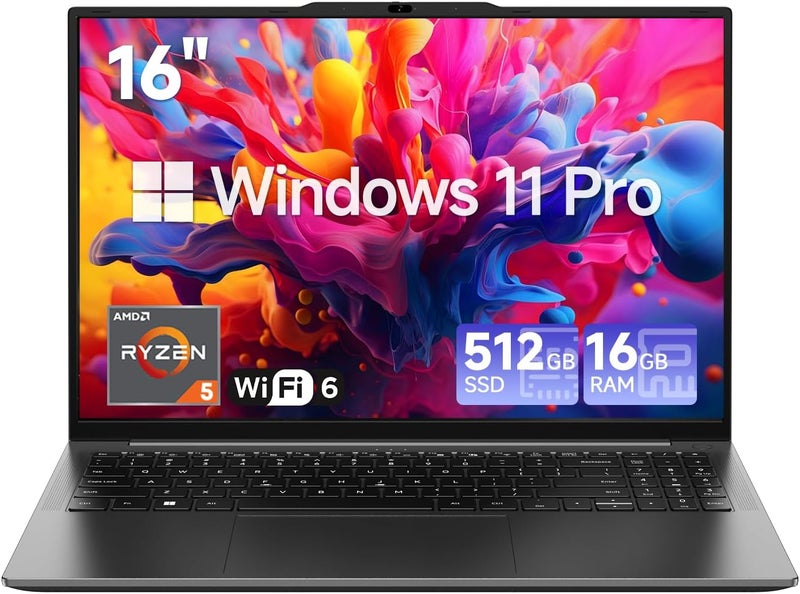 Gaming Laptop 16'', AMD Ryzen 5 (Beat i7-1355U), 16GB RAM 512GB SSD, Windows 11 Pro Laptop with Office, IPS 2K Display, Backlit Keyboard, 74.1Wh, WiFi 6, BT 5.2, 4K HDMI - Image 1