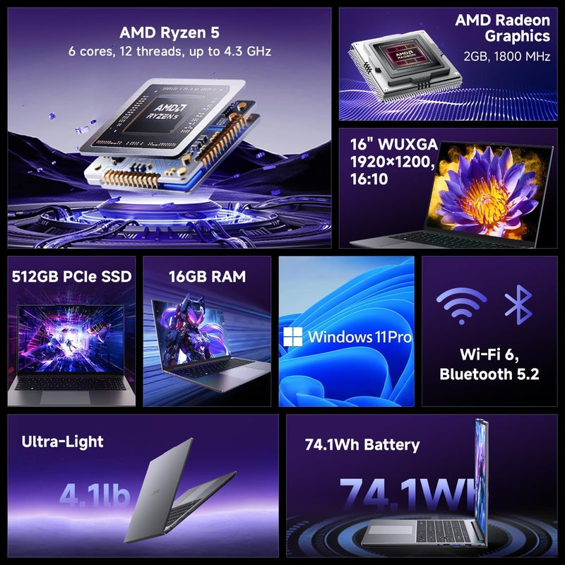 Gaming Laptop 16'', AMD Ryzen 5 (Beat i7-1355U), 16GB RAM 512GB SSD, Windows 11 Pro Laptop with Office, IPS 2K Display, Backlit Keyboard, 74.1Wh, WiFi 6, BT 5.2, 4K HDMI - Image 2