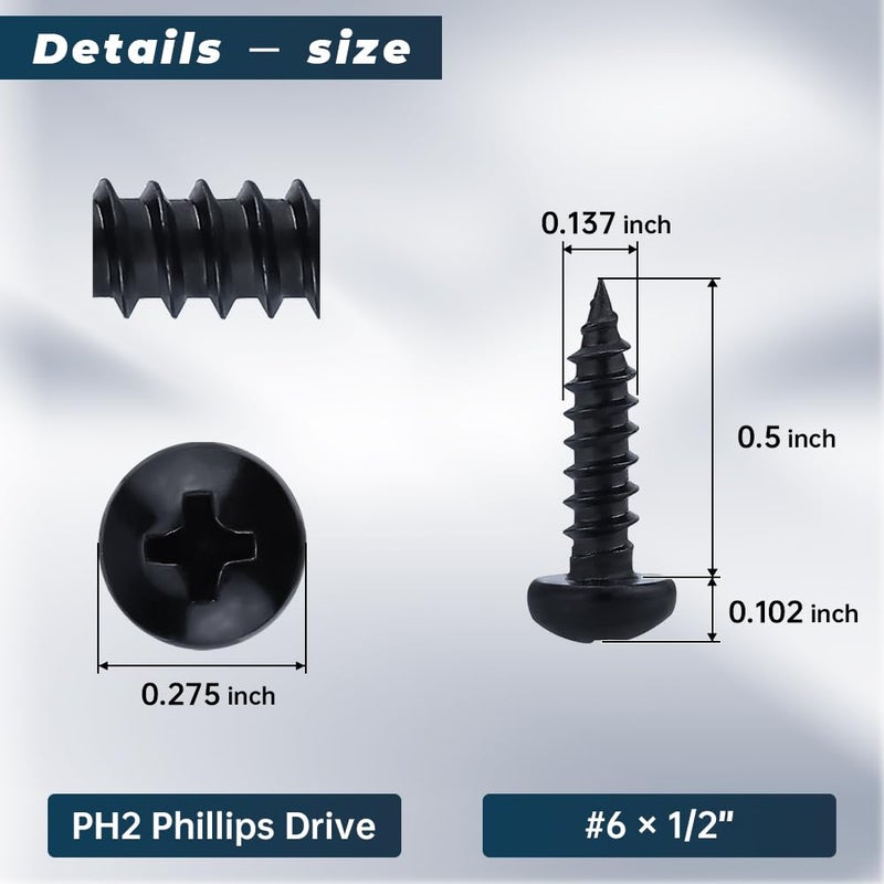 Glvaner #6 x 1/2 inch Phillips Pan Head Self Tapping Screws for Wood, Black Coated, 304 Stainless Steel 18-8, Round Head Sheet Metal Tek Screws, 100 pcs - Image 3