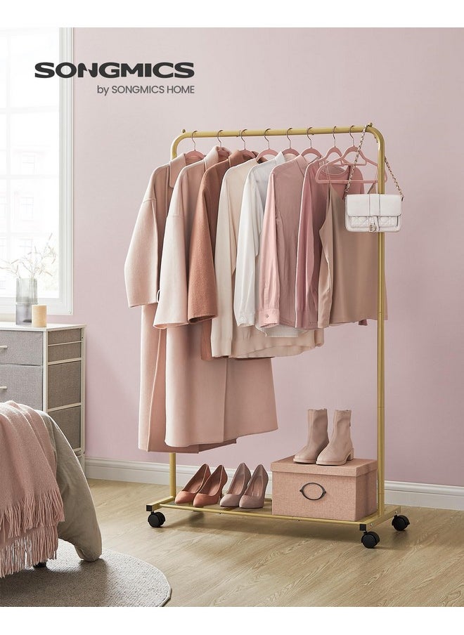 SONGMICS SONGMICS Clothes Rack with Wheels, Clothing Rack for Hanging Clothes, 25.4 mm Metal Garment Rack with Dense Mesh Storage Shelf, 110 lb Load Capacity, 2 Brakes, Gold UHSR025A01  - Image 3