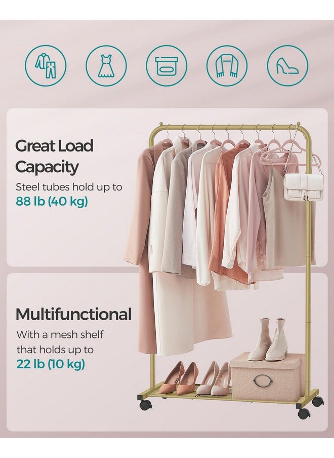 SONGMICS SONGMICS Clothes Rack with Wheels, Clothing Rack for Hanging Clothes, 25.4 mm Metal Garment Rack with Dense Mesh Storage Shelf, 110 lb Load Capacity, 2 Brakes, Gold UHSR025A01  - Image 4