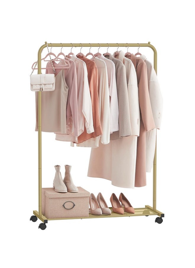 SONGMICS SONGMICS Clothes Rack with Wheels, Clothing Rack for Hanging Clothes, 25.4 mm Metal Garment Rack with Dense Mesh Storage Shelf, 110 lb Load Capacity, 2 Brakes, Gold UHSR025A01  - Image 2