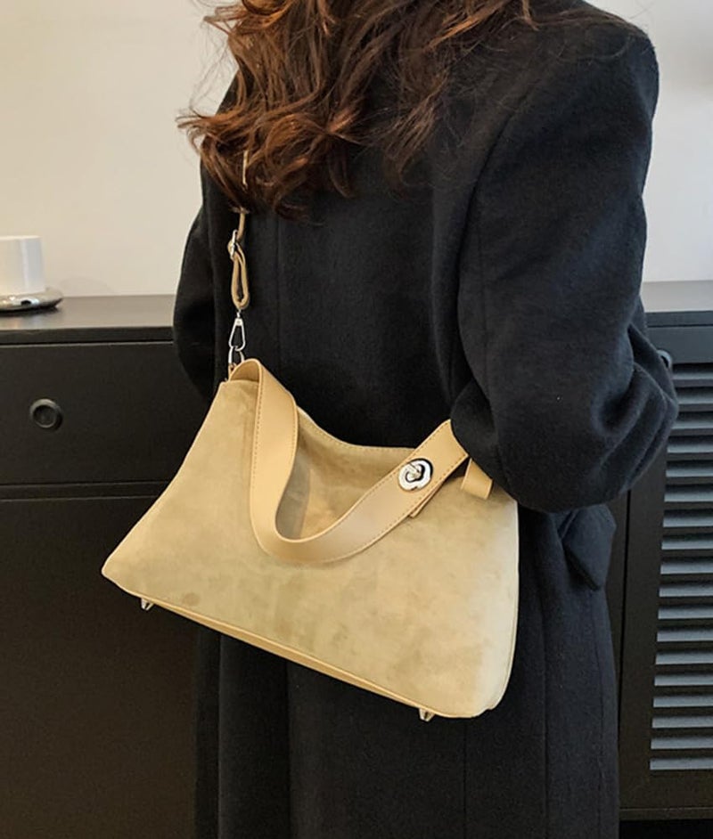 Bagkeak Suede Shoulder Bags For Women Crossbody Bag Suede Tote Bag Satchels Slouchy Work Purses Crescent Handbag Fall Top Handle - Image 3