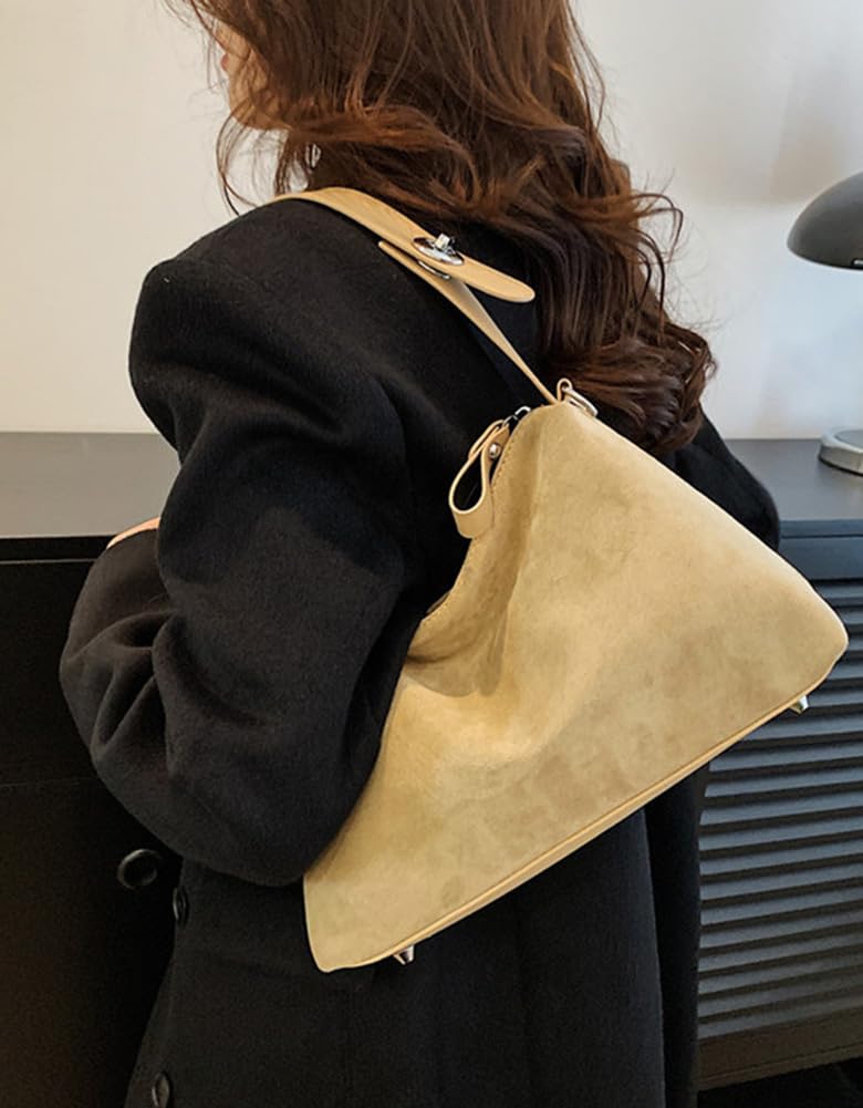 Bagkeak Suede Shoulder Bags For Women Crossbody Bag Suede Tote Bag Satchels Slouchy Work Purses Crescent Handbag Fall Top Handle - Image 2