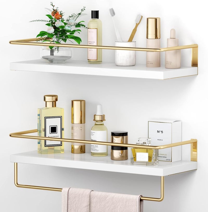 Onlysky Onlysky Wood White Floating Shelves With Golden Towel Rack Set Of 2 Wall Mounted Hanging Bathroom Shelves Decorative Shelves For Stylish Storage In Bathroom Kitchen Living Room Bedroom 