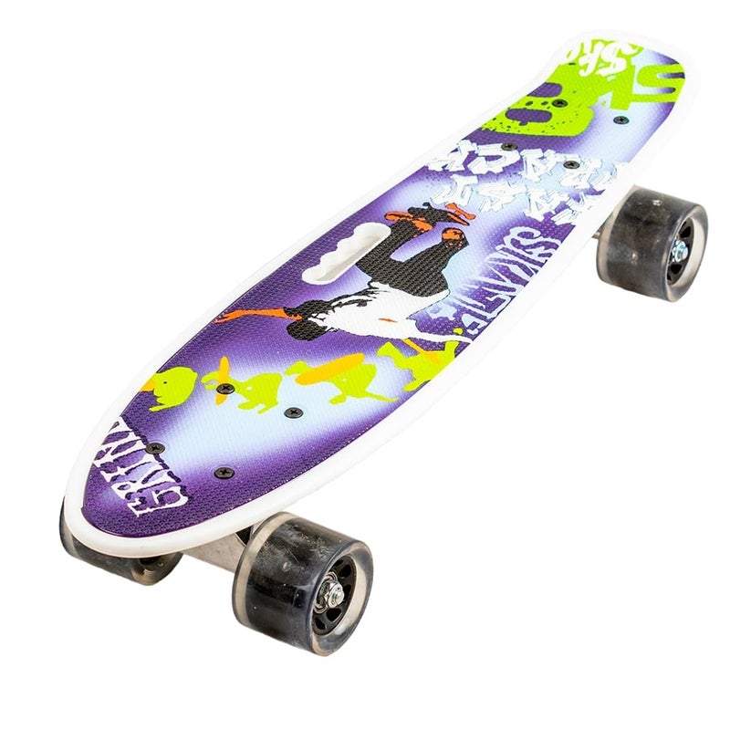 Skateboard with Urban Graffiti Design, Purple and Green Deck, Black Wheels, Complete Street Board for Beginners and Intermediate Riders