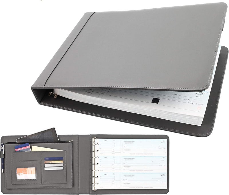 2Fold Business Check Binder 7 Ring for 3-Up Business Size Checks with Extra Business Card Case - PU Leather Deluxe 7 Ring Checkbook Binder Portfolio with 600 Check Capacity and Storage - Image 1