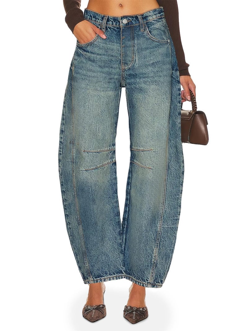 PLNOTME Women's Baggy Boyfriend Jeans Vintage Wide Leg Mid Rise Barrel Denim Ankle Pants - Image 2