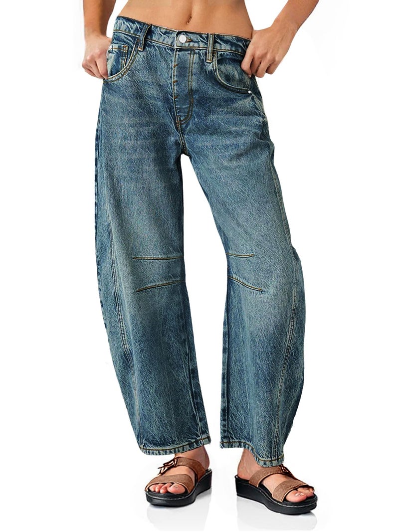 PLNOTME Women's Baggy Boyfriend Jeans Vintage Wide Leg Mid Rise Barrel Denim Ankle Pants - Image 1