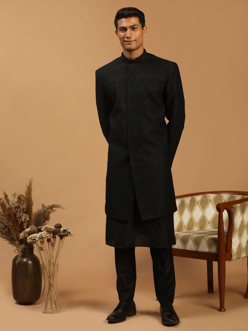 VASTRAMAY Men's Black Viscose Sherwani Set | Imported Fabric Designer Indowestern, Kurta And Pant style Pyjama Set - Image 2