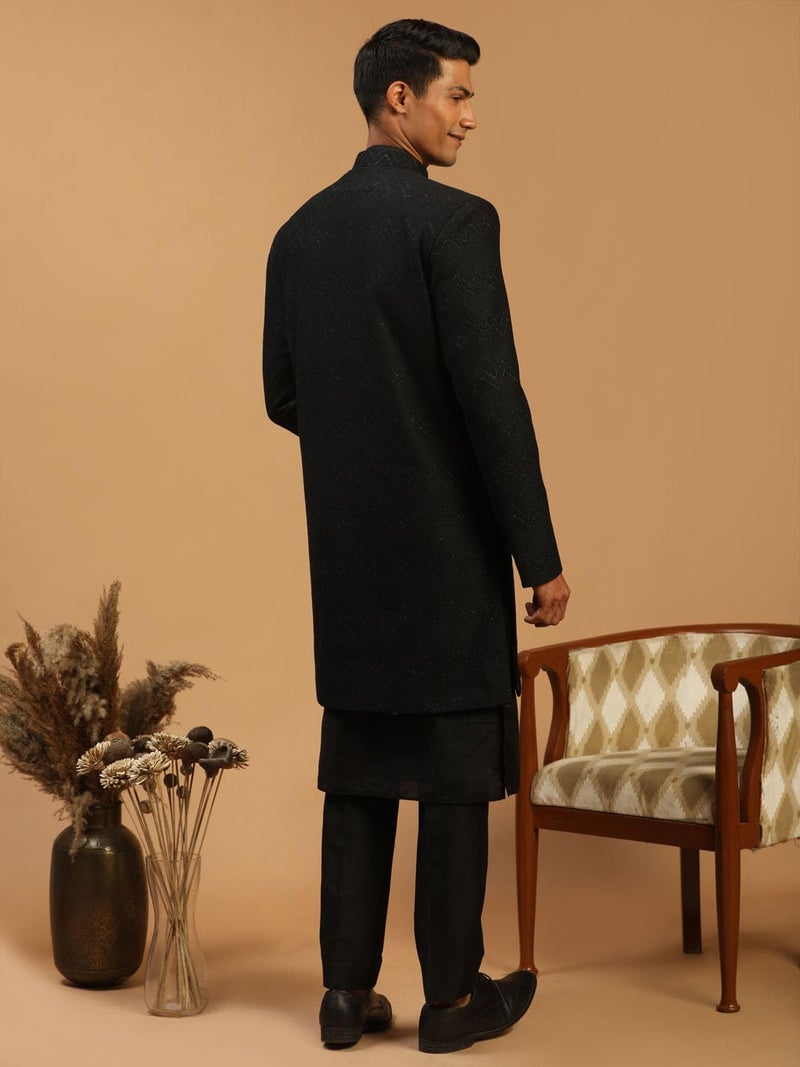 VASTRAMAY Men's Black Viscose Sherwani Set | Imported Fabric Designer Indowestern, Kurta And Pant style Pyjama Set - Image 3