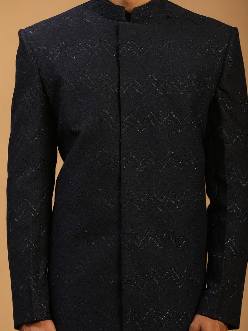 VASTRAMAY Men's Black Viscose Sherwani Set | Imported Fabric Designer Indowestern, Kurta And Pant style Pyjama Set - Image 4