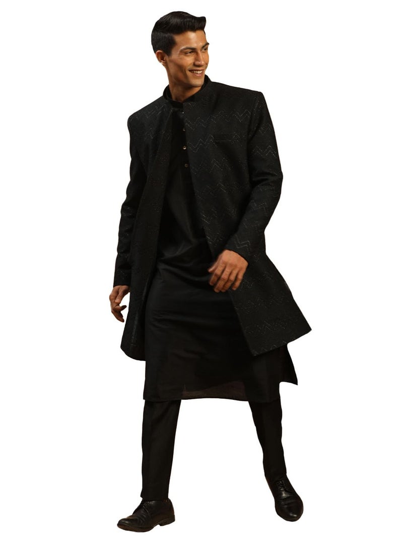 VASTRAMAY Men's Black Viscose Sherwani Set | Imported Fabric Designer Indowestern, Kurta And Pant style Pyjama Set - Image 1