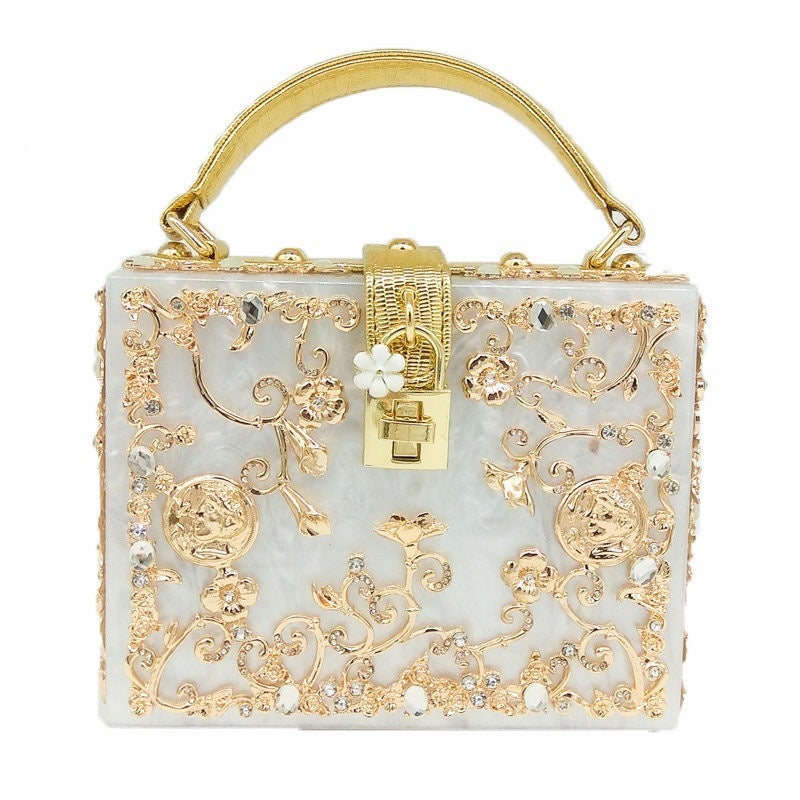 Fgg Totes Bag Acrylic Handbag Metal Hollow Rhinestone Flower Dinner Bag Crossbody Bag - Image 1