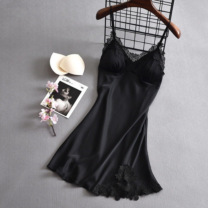 Qi Ta Women's Satin Silk Cami Nightdress with Lace & Built-in Bra - Thin Ice Silk Sleepwear for Spring Summer - Image 1