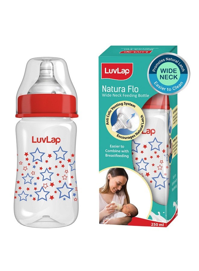 Luvlap زجاجة رضاعة طبيعية مضادة للمغص بفتحة واسعة للأطفال،250 مل، للمواليد/الرضع/الأطفال حتى 3 سنوات،نجوم،خالية من BPA،عبوة من 1،أحمر - Image 1